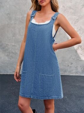 Casual Blue Denim Overall Dress with Front Pockets